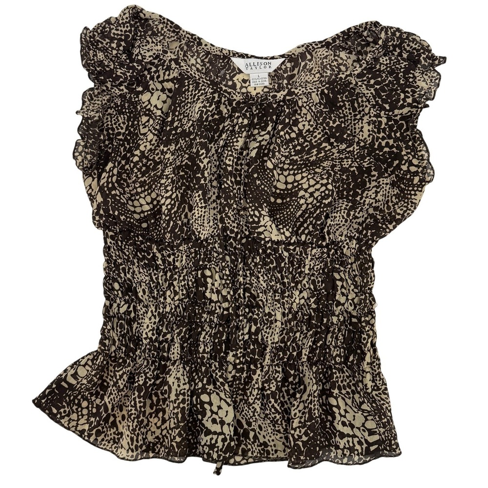Allison Taylor 90's Brown Animal Print Smocked Waist Peplum L Blouse Sleeveless - Picture 2 of 5